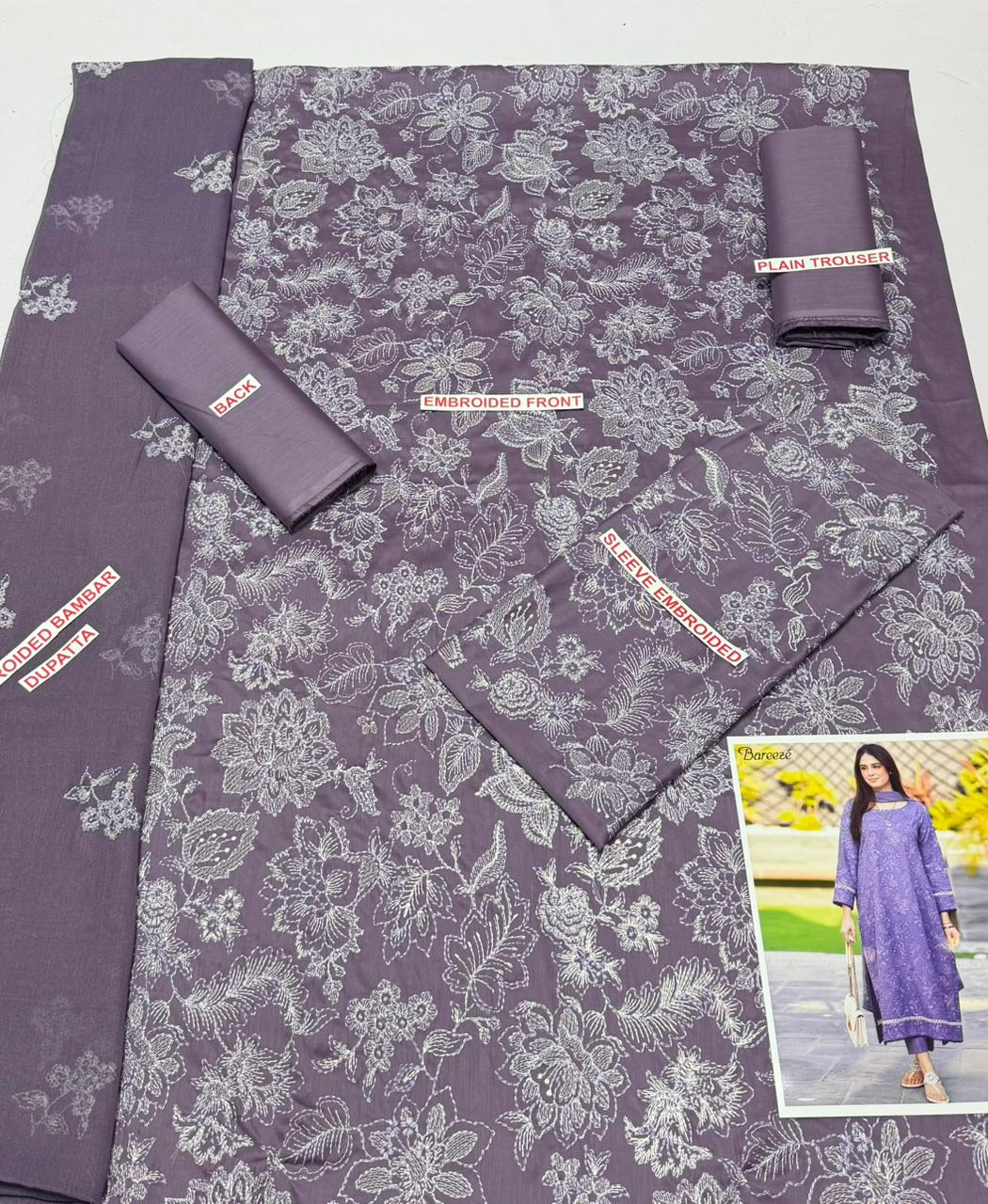 BAREEZE EMBROIDERED 3PC LAWN