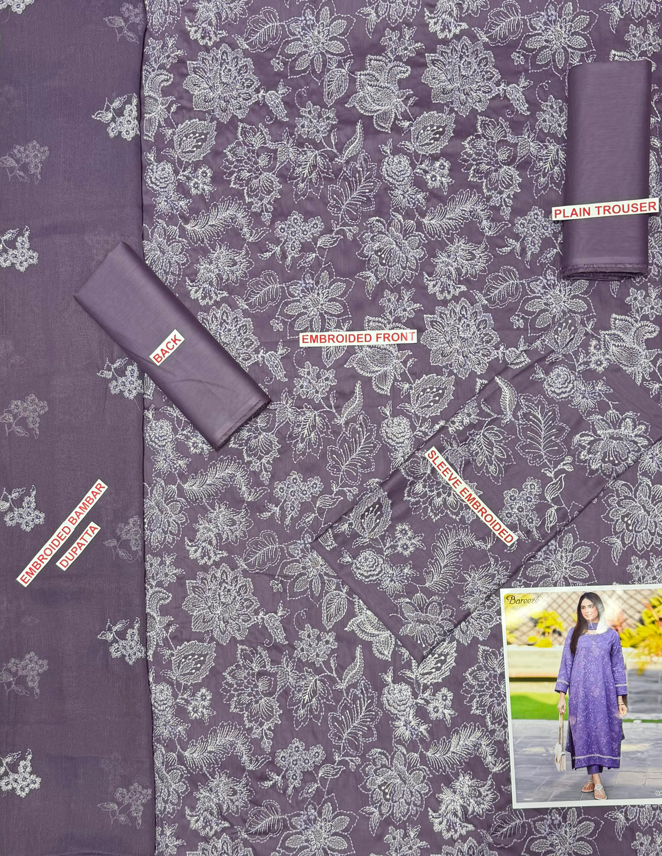 BAREEZE EMBROIDERED 3PC LAWN
